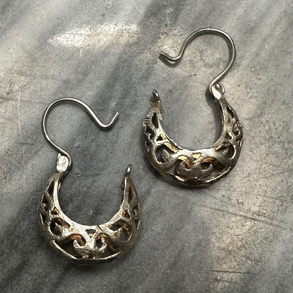 Vintage Filigree Crescent Drop Earrings Sterling Silver Openwork Scroll Dangle